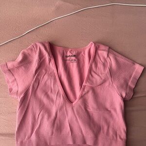 Garage Deep V-Neck Pink Ribbed Tee